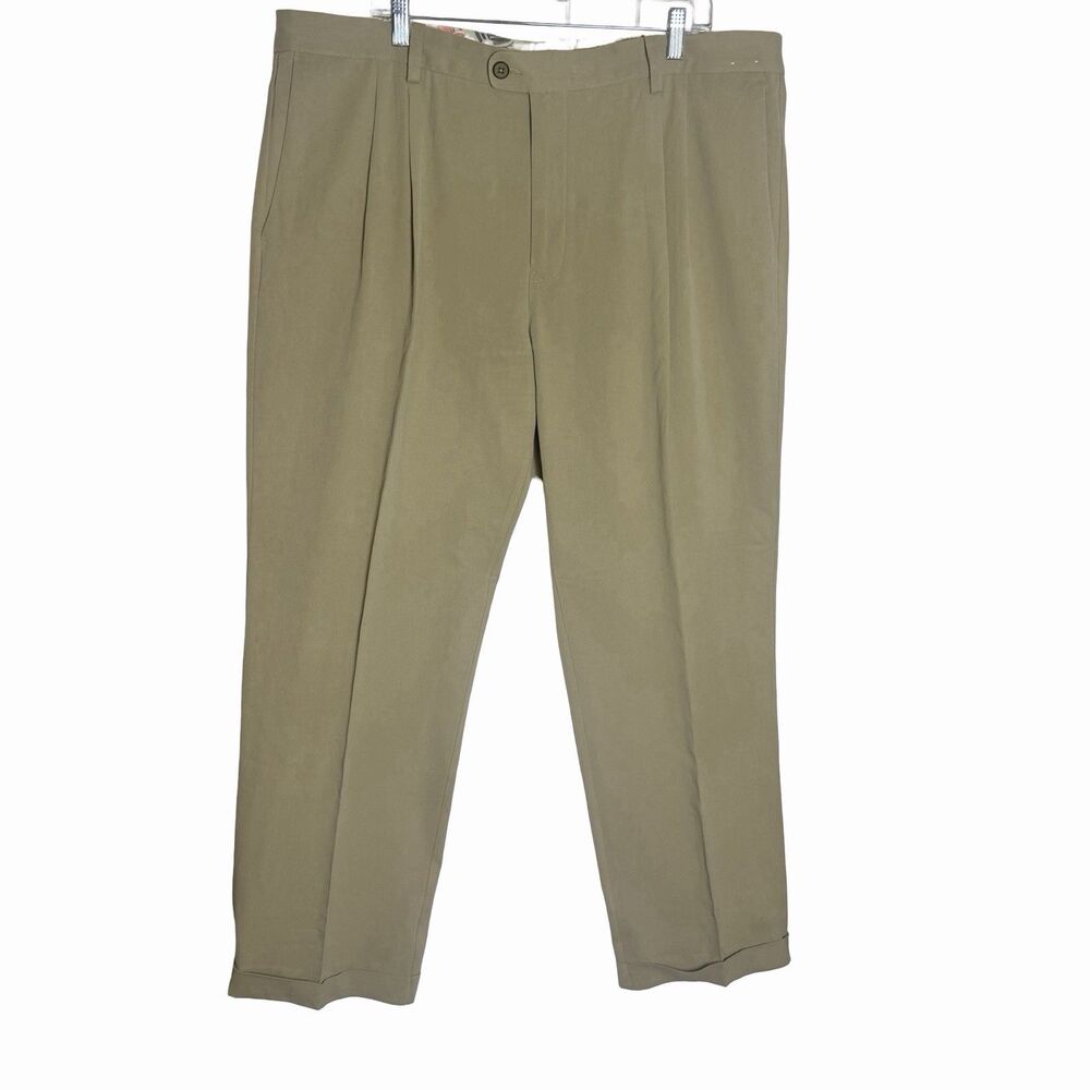Tommy Bahama Pleated Pants 42x32 Tan Silk Cotton Classic Cuffed Trousers Preppy
